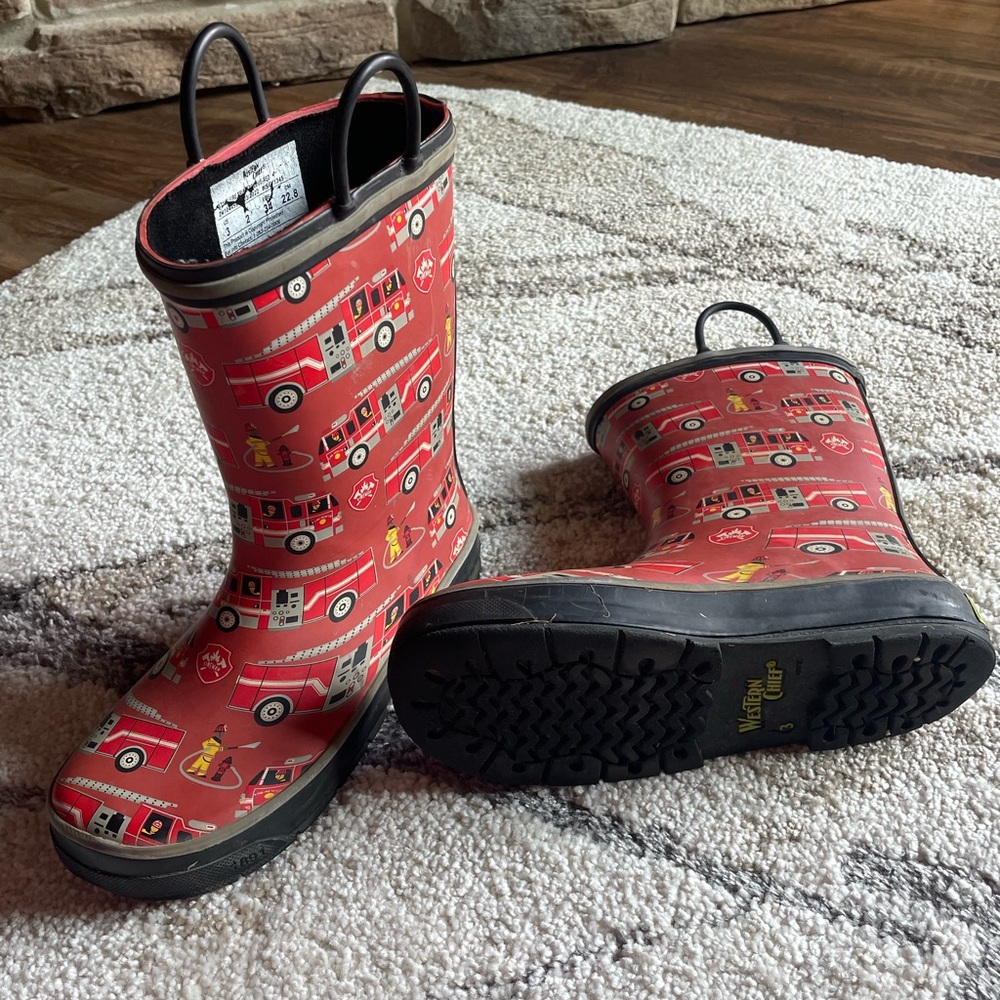 Kids Red Fire Truck Western Rain Boots
